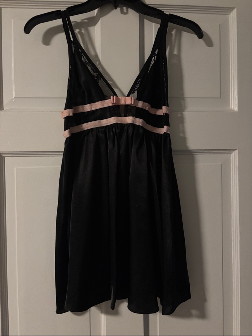 Betsey Johnson Black Satin Chemise with Pink Ribbon Accents